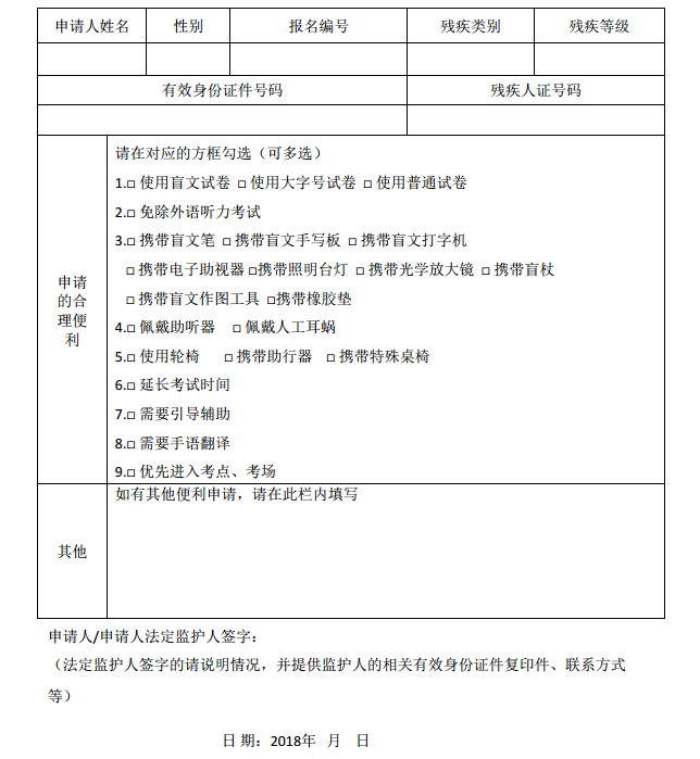 四川省殘疾人報(bào)考2018年普通高等學(xué)校招生全國(guó)統(tǒng)一考試合理便利申請(qǐng)表