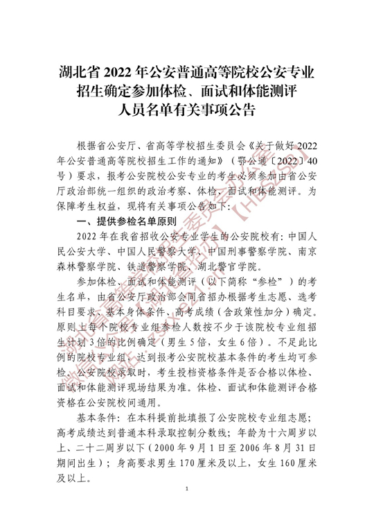 湖北省2022年公安普通高等院校公安專業(yè)招生確定參加體檢、面試和體能測評 人員名單有關(guān)事項公告