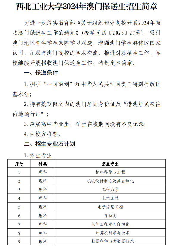 西北工業(yè)大學(xué)2024年澳門保送生招生簡(jiǎn)章