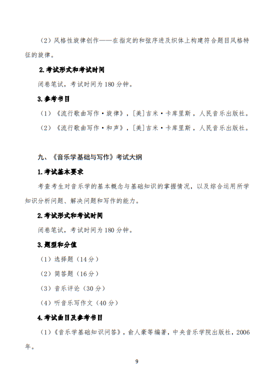 武漢音樂學院2025普通本科招生入學考試大綱