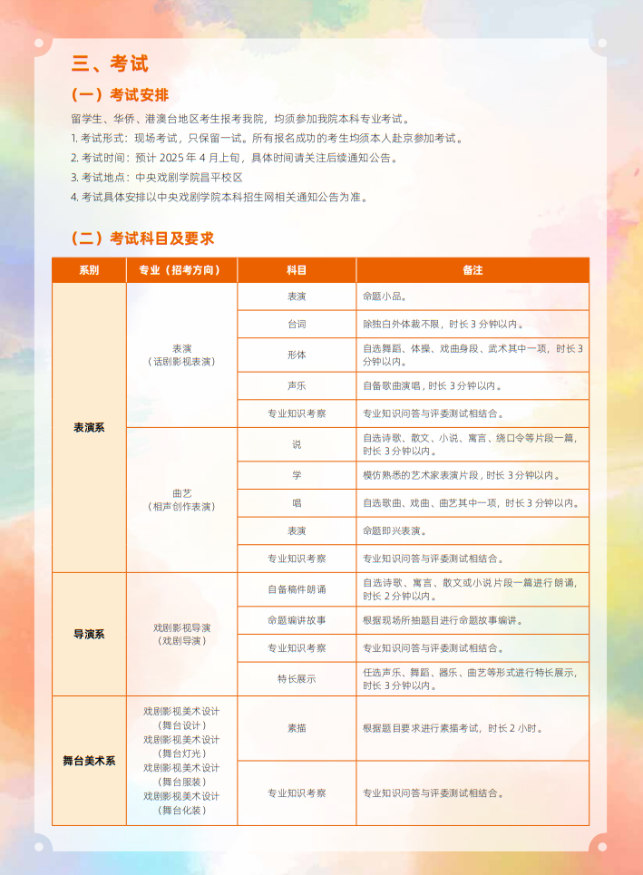 中央戲劇學(xué)院2025年本科招生留學(xué)生、華僑、港澳臺(tái)地區(qū)考生專(zhuān)業(yè)考試簡(jiǎn)章